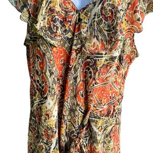CATO Paisley Print Ruffle Dress with Attached Slip, V neck, Large
